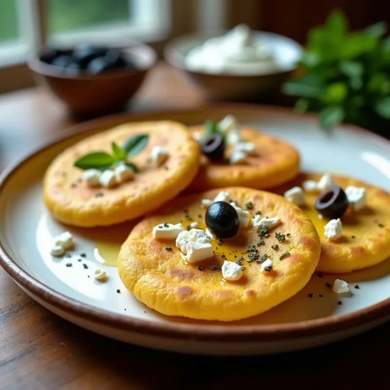 Arepas de Maíz Azul con Queso Feta y Aceite de Oliva: Versión Griega de un Clásico