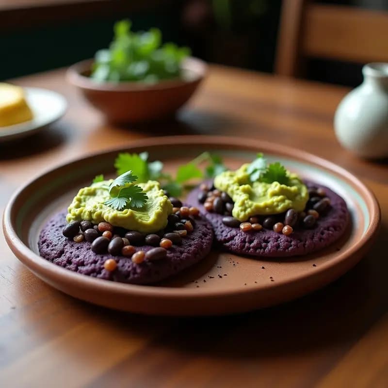 Arepas de Maíz Morado con Guacamole y Frijoles Negros: Desayuno Colombiano Vegano