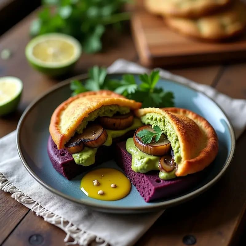Arepas de Maíz Morado con Guasacaca y Tiradito de Champiñones: Receta Venezolana-Peruana