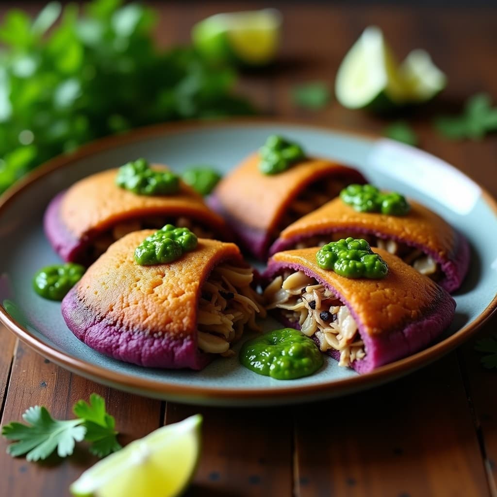 Arepas de Maíz Morado con Relleno de Hongo Ostra y Chimichurri: Receta Venezolana Vegana