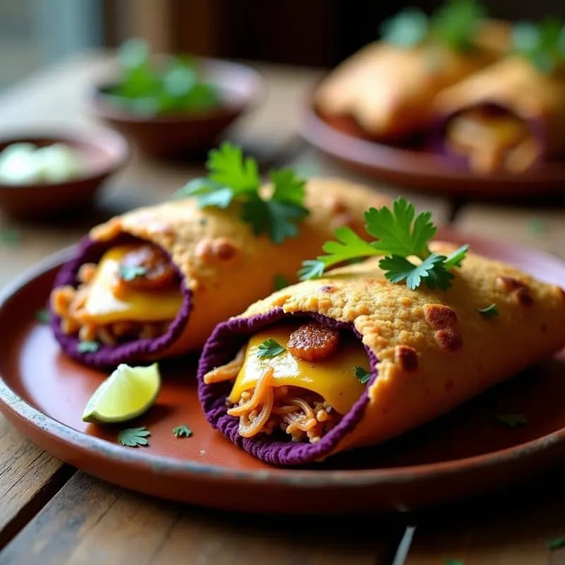 Arepas de Maíz Morado con Relleno de Pollo al chipotle y Queso Oaxaca