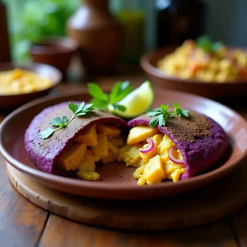 Arepas de Maíz Morado con Relleno de Pollo al Curry: Desayuno Colombiano Fusion