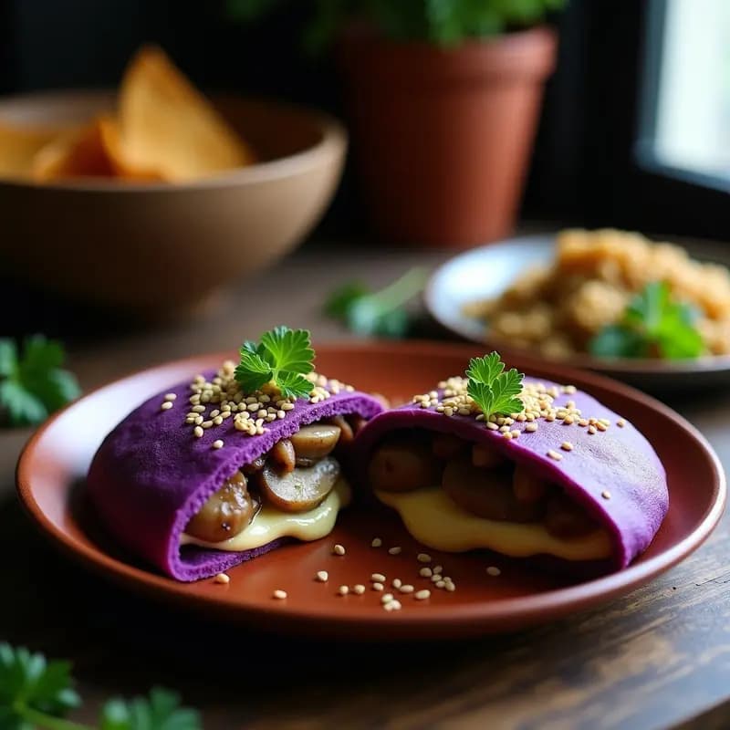Arepas de Maíz Morado Rellenas de Queso de Castaña y Champiñones: Receta Vegana de Venezuela