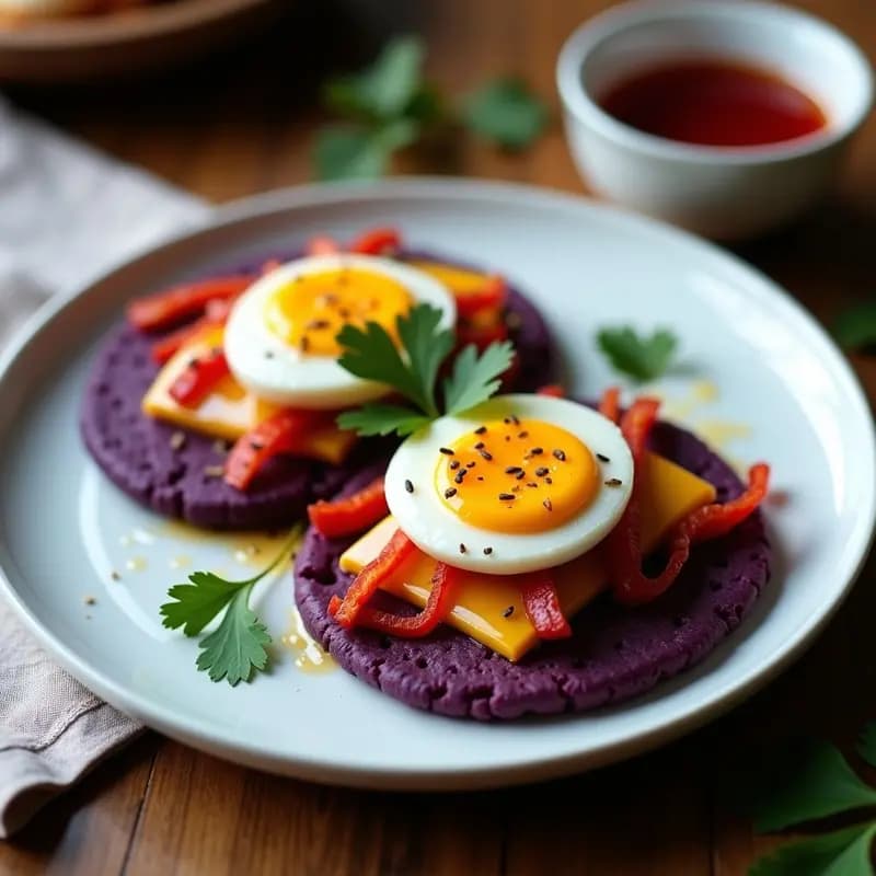 Arepas de Maíz Morado con Queso Andino y Huevo Escabechado: Desayuno Peruano Gourmet
