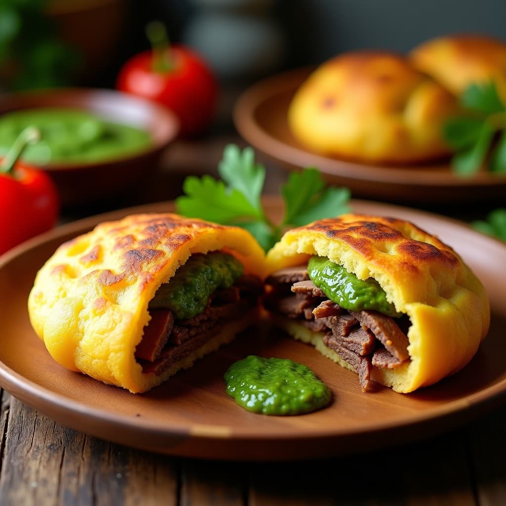 Arepas de harina de plátano macho rellenas de tiras de ternera y chimichurri: Receta colombiana keto