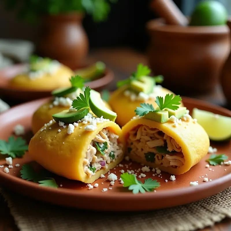 Arepas de Plátano Verde Rellenas de Pollo Desmenuzado: Desayuno Colombiano Alta en Proteína