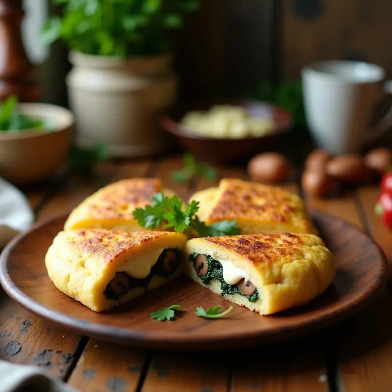 Arepas de Yuca y Espinacas con Relleno de Queso Vegano y Champiñones Salteados
