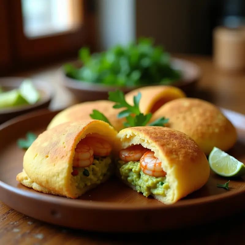 Arepas de Yuca Rellenas de Guacamole y Camarones al Ajillo: Receta Venezolana-Colombiana Sin Harina