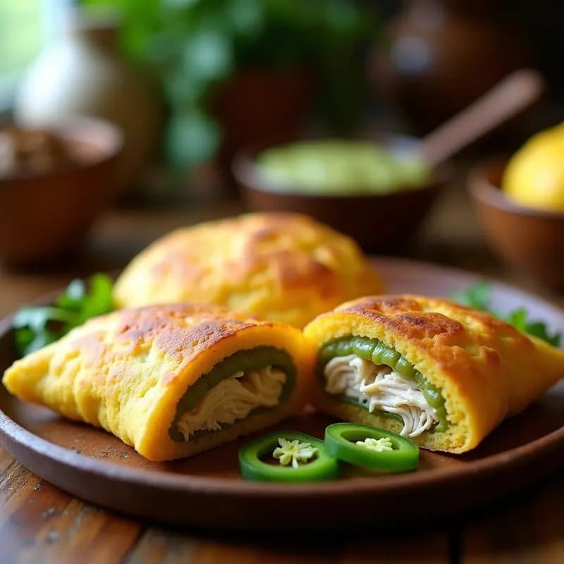 Arepas de Yuca Rellena de Guasacaca y Pollito Desmenuzado: Desayuno Colombiano Tradicional