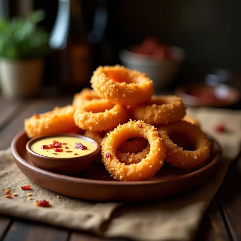 Aros de Cebolla Doblemente Fritos con Salsa de Queso Cheddar y Bacon: Crujientes y Adictivos