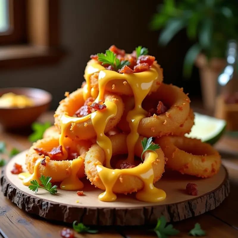 Aros de Cebolla Gigantes con Queso Cheddar Fundido y Bacon: Entrante Irresistible