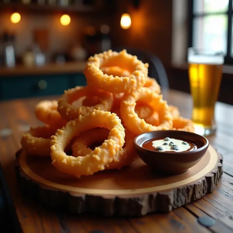 Aros de Cebolla Rebozados en Masa de Beer Battered con Salsa BBQ y Queso Azul: Crujientes y Adictivos