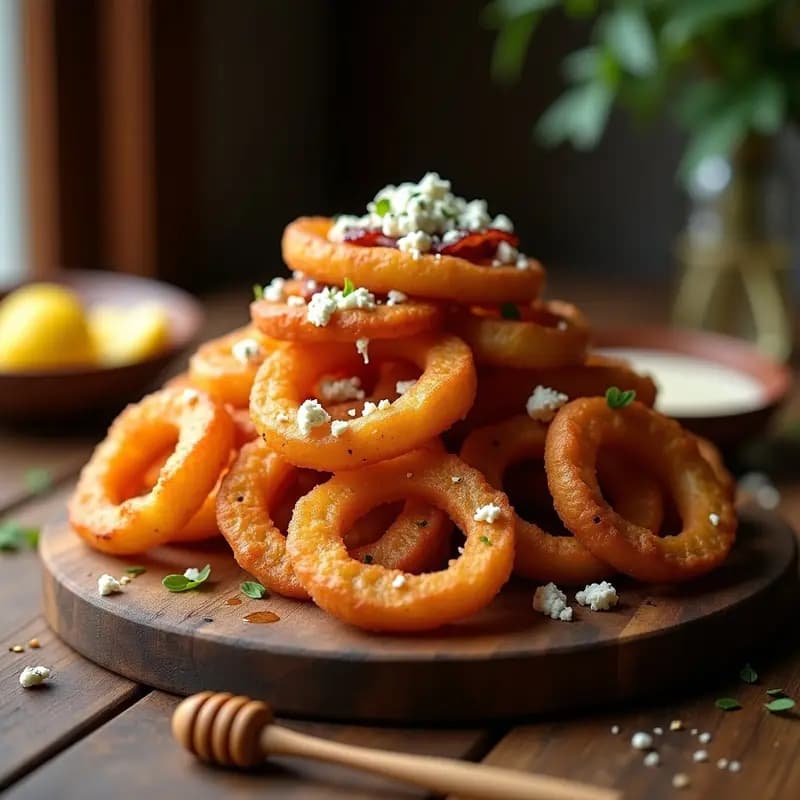 Aros de Cebolla Cargados con Queso Azul, Bacon y Miel: Snack que Derrite el Corazón