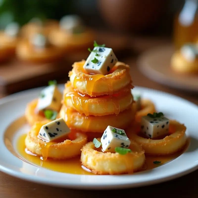 Aros de Cebolla con Cobertura de Queso Azul y Miel: Aperitivo Crujiente y Dulce-Salado