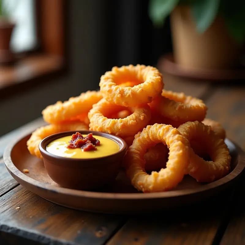 Aros de Cebolla Crujientes con Dip de Queso Cheddar y Bacon: Aperitivo para Maratón de Series