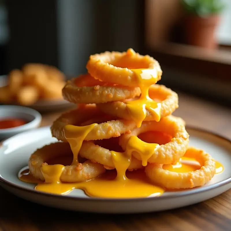 Aros de Cebolla con Queso Cheddar Fundido: Snack Americano Adictivo