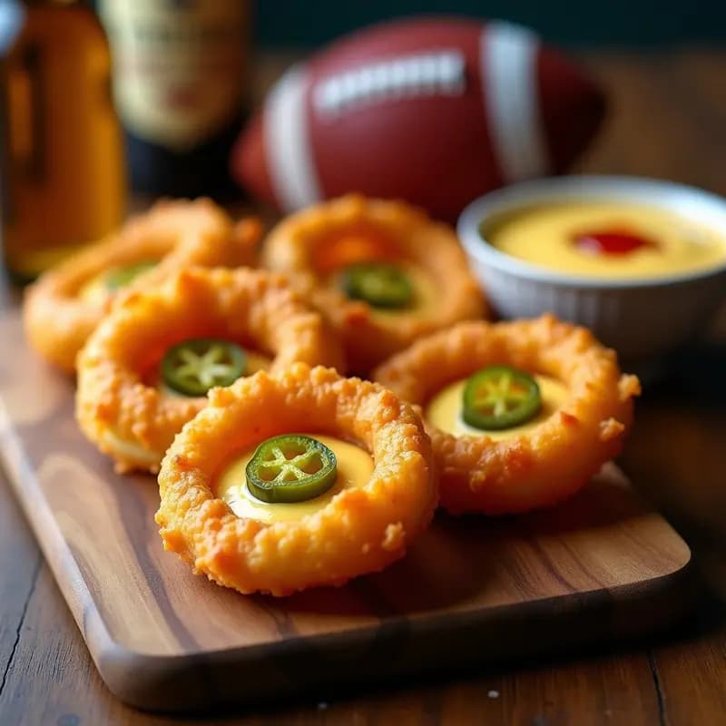 Aros de Cebolla con Queso Fundido y Jalapeños: Snack Picante para Ver el Partido