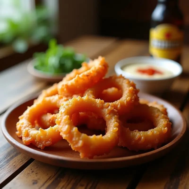 Aros de Cebolla con Rebozado de Harina y Cerveza, Servidos con Salsa Chipotle: Crujientes y Picantes