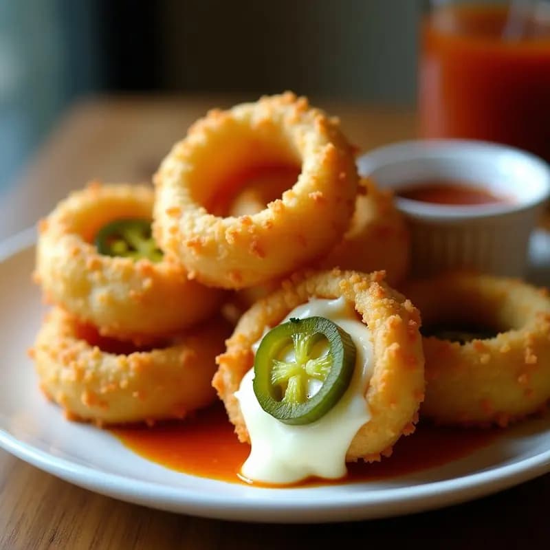 Aros de Cebolla Rellenos de Queso Mozzarella y Jalapeños: Aperitivo Crujiente y Picante