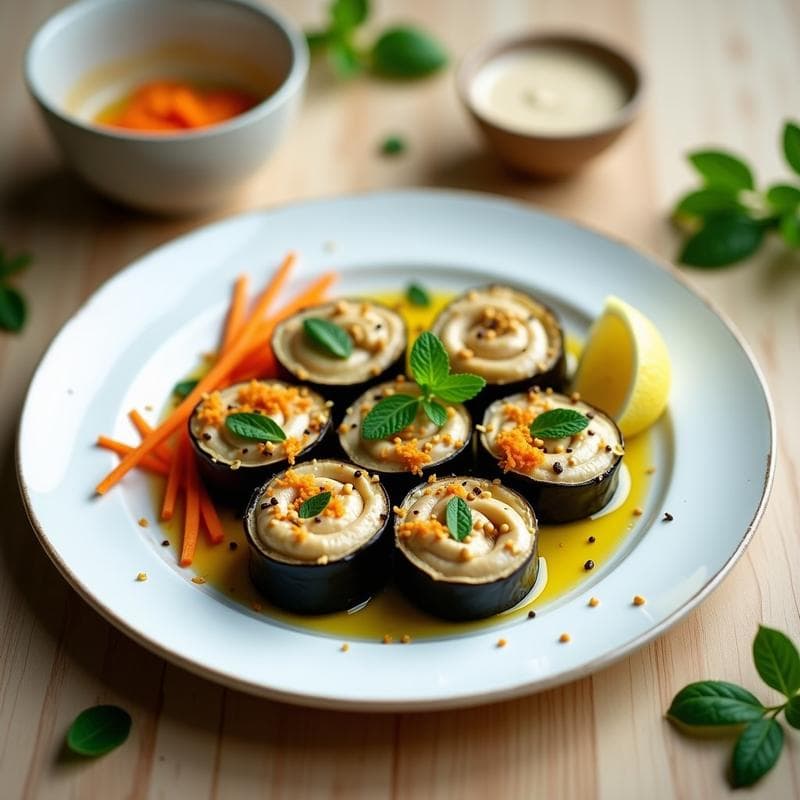 Arrollado de Berenjena con Puré de Garbanzos y Tahini: Receta Vegana y Sin Cocción