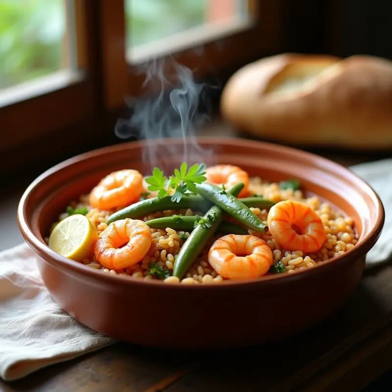 Arroz caldoso con habas y gambas rojas: Receta de marisma andaluza fácil y sabrosa