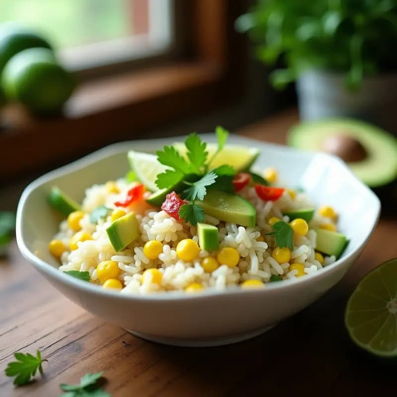 Cilantro Lime Rice con Maíz y Aguacate: Acompañamiento Mexicano Vegano