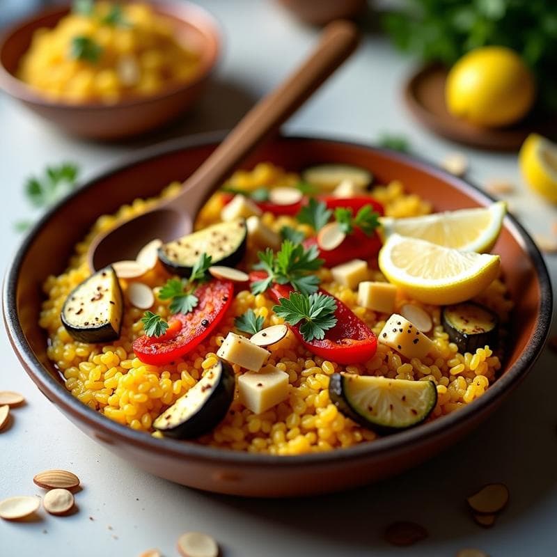 Arroz de Coliflor con Azafrán y Verduras Asadas: Paella Vegana en Olla GM