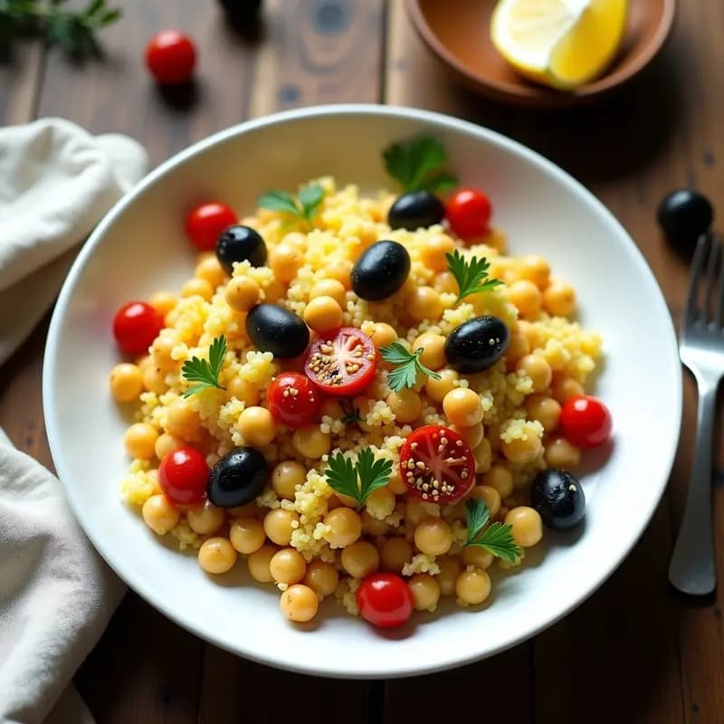Arroz de Coliflor Salteado con Garbanzos y Aceitunas Kalamata: Receta Mediterránea en 15 Minutos
