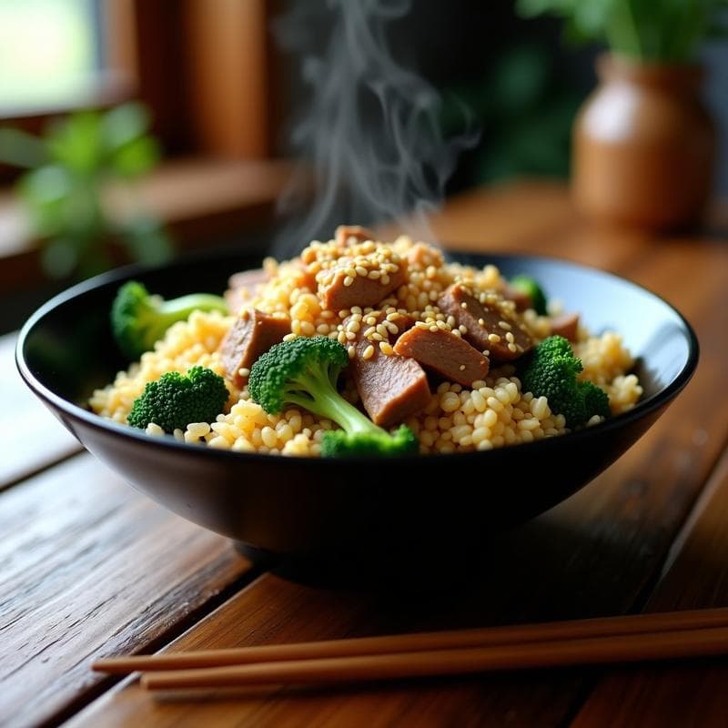 Arroz de Coliflor Salteado con Ternera y Brócoli al Ajo: Receta Keto y Alta en Hierro en Airfryer