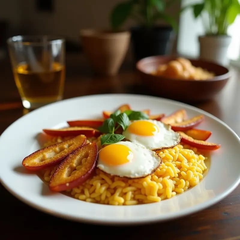 Arroz a la Cubana con Plátano Macho y Huevos de Lino: Versión Vegana y Sin Colesterol