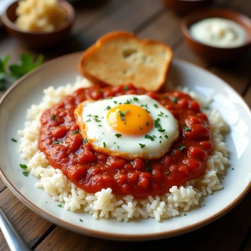 Arroz a la cubana con salsa brava y huevo escalfado: Receta de aproximación casera y fácil