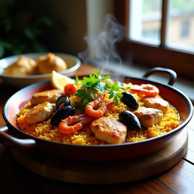 Arroz con Pollo al Azafrán y Aventura de Mariscos: Receta Española de la Costa
