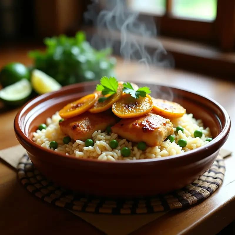 Arroz con Pollo a la Cubana: Receta Caribeña con Plátanos Maduros y Guisantes