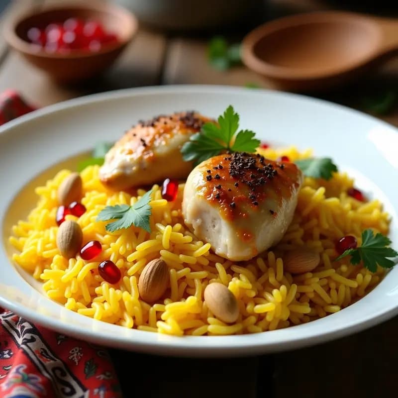 Arroz con Pollo al Saffrón Persa: Receta de Medio Oriente con Especias y Frutos Secos