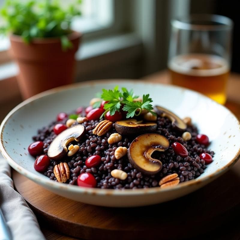 Arroz Salvaje con Champiñones Portobello y Vinagreta de Arándanos: Receta Vegana y Antioxidante en 30 Minutos