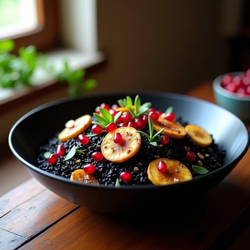 Arroz Venere con Calabacín Asado y Vinagreta de Granada: Receta Vegana y Antioxidante en 20 Minutos