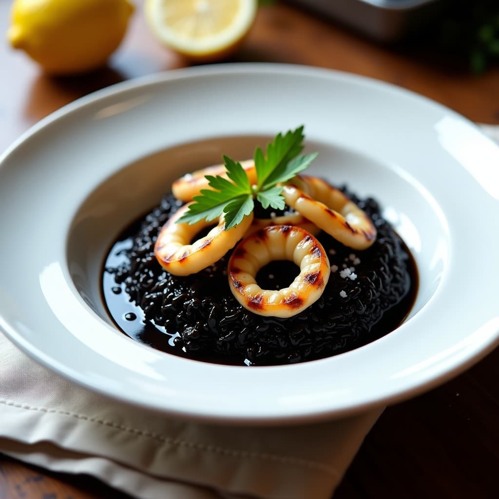 Arroz Venere con Calamar a la Plancha y Salsa de Tinta de Calamar: Receta Italiana en 20 Minutos
