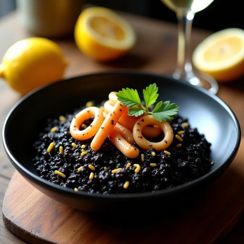 Arroz Venere con Calamares y Azafrán: Receta Italiana Gourmet en 25 Minutos