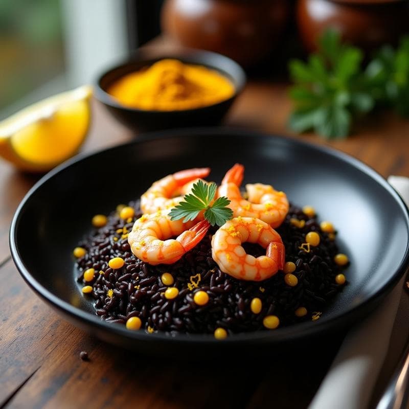 Arroz Venere con Cúrcuma y Gambas: Receta Gourmet en 25 Minutos con Toque Antiinflamatorio