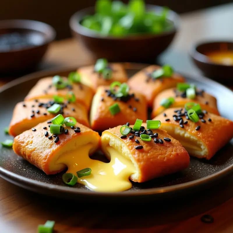 Asiático Hotteok con Queso Cremoso y Semillas de Sésamo Negro: Postre Coreano Dulce y Salado