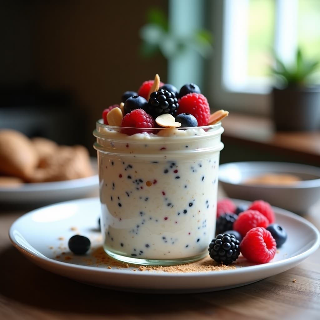 Avena Nocturna con Yogur de Soja y Frutos del Bosque: Desayuno Vegano Alto en Proteína y Omega-3