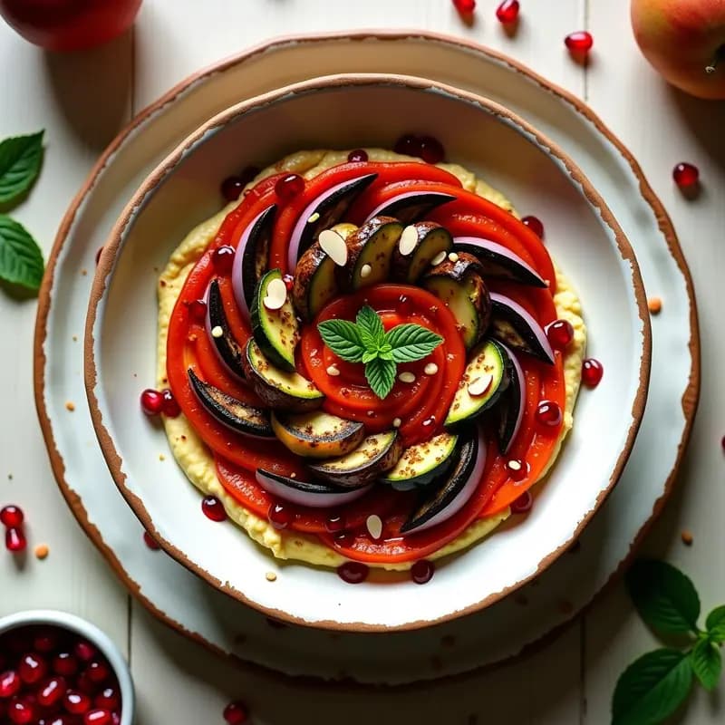 B orchestra de Verduras Asadas con Hummus y Grenadina: Plato Marroquí Colorido y Vegano