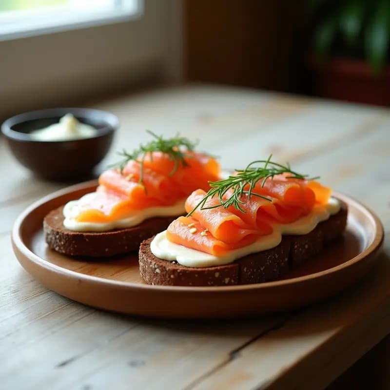 B Pferd de Pan de Centeno con Salmón Ahumado y Crema de Raifort: Desayuno Alemán Alto en Omega-3