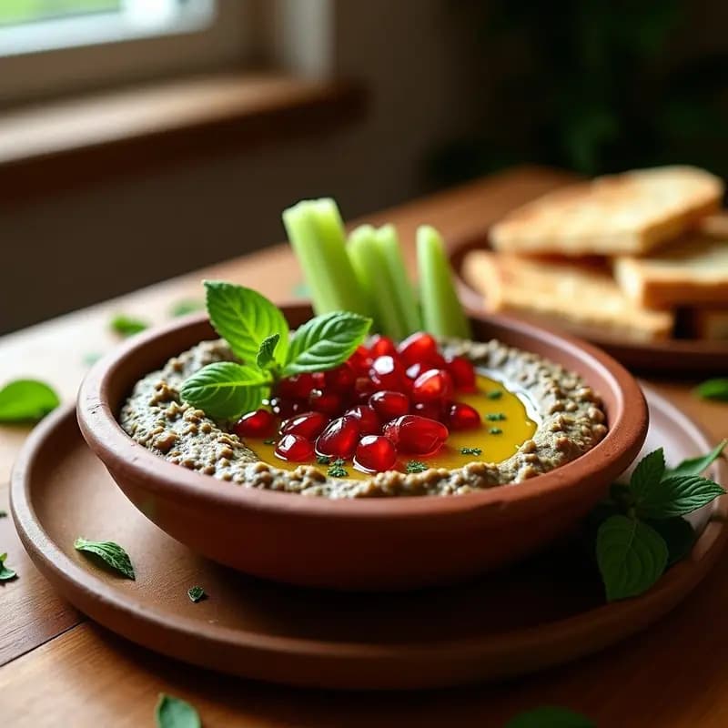 Baba Ganoush con Granadas y Menta: Dip Árabe Sin Tahini y Vegano