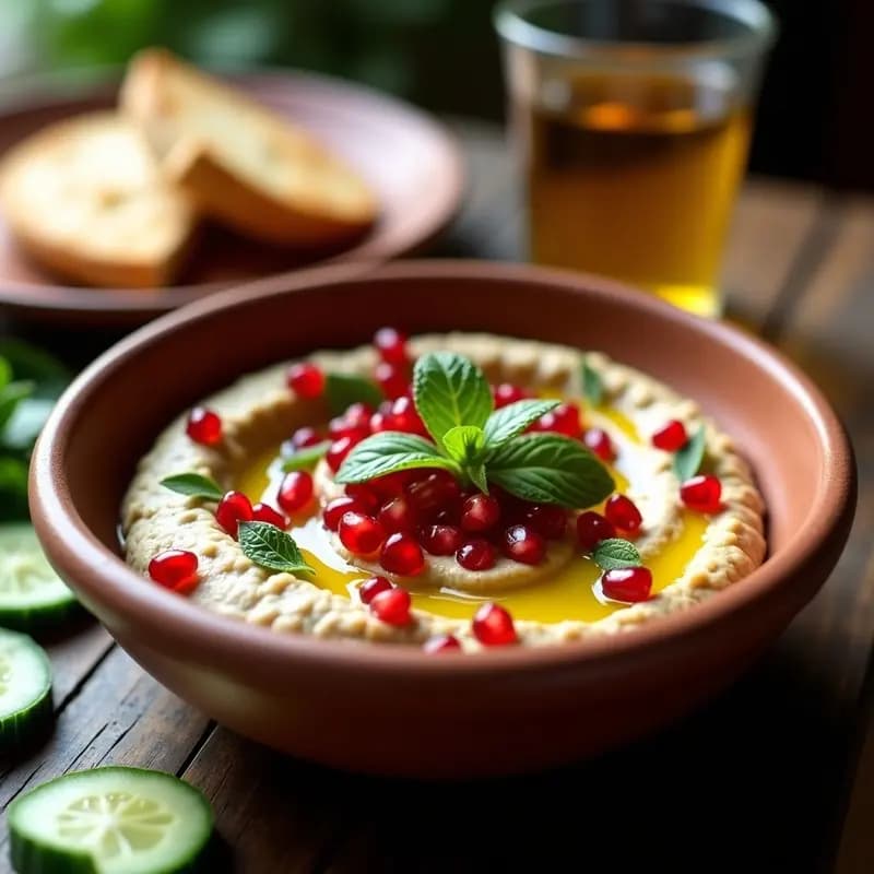 Baba Ganoush con Granos de Granada y Menta: Entrante Árabe Cremoso y Fresco