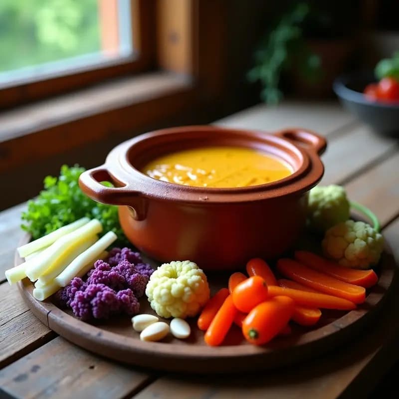 Bagna Càuda Piamontesa con Verduras de Temporada: Fondue Italiana de Ajo y Anchoas en Olla