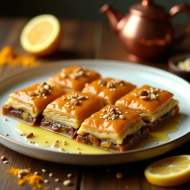 Baklava de Dátiles y Cúrcuma con Sirope de Limón: Postre Persa Sin Gluten