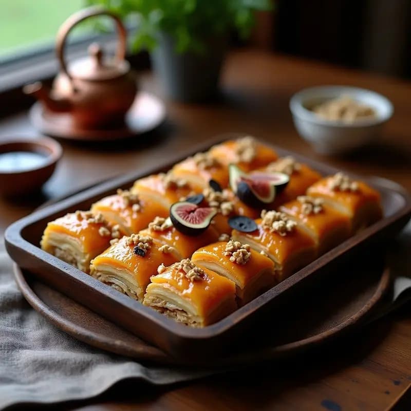 Baklava de Higos y Nueces con Miel de Trufa: Postre Turco-Iraní con Toque Lujo