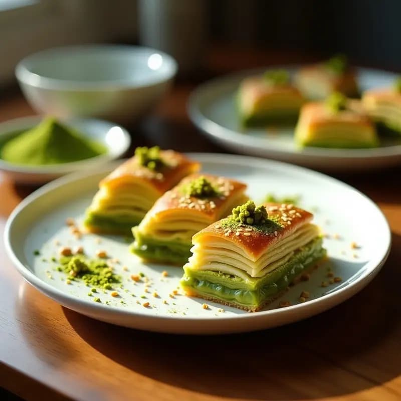 Baklava de Matcha y Pistacho: Postre Turco Vegano con Toque Japonés en 30 Minutos