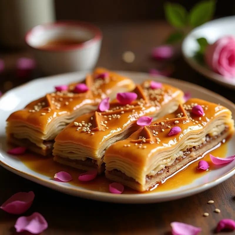 Baklava de Nueces con Jarabe de Rosa: Postre Árabe Crujiente y Dulce